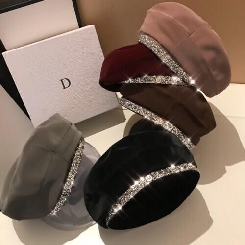 Luxury Designer Leather Beret Caps for Women French Baret Hat with Rhinestones Band Ladies PU Painter Octagonal Hats