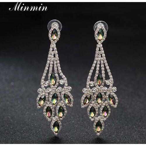 Minmin Luxury Crystal Long Chandelier Wedding Earrings for Women Geometric Teardrop Dangle Hanging Earrings Female EH1667