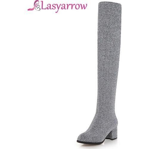 Lasyarrow Stretch Thigh Heel Sexy Slim Over the Knee Boots Sexy Chunky Heels Med Heel Boots Large Size 32-43 Slip-on Shoes F221