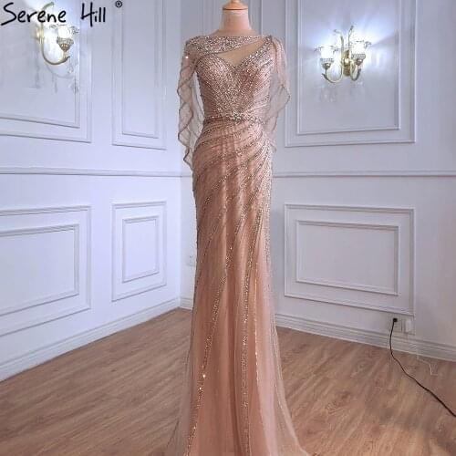 Serene Hill Luxury Mermaid Gold Evening Dresses Gowns 2021 Beading Diamond Sparkle Elegant For Women Party LA70910