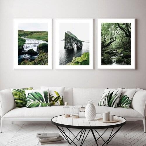 Green Natural Landscape Faroe Cliff Canvas Painting Mystical Forest Waterfall Poster Print Wall Art Picture For Livingroom Decor
