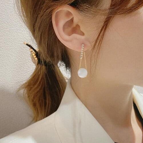 Women Faux Opal Pendant Alloy Round Dangle Long Ear Studs Earrings for Party