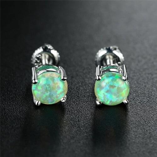 Female Cute Small Round Stone Earrings Green Blue White Opal Earrings Fashion Silver Color Stud Earrings For Women Bride Jewelry