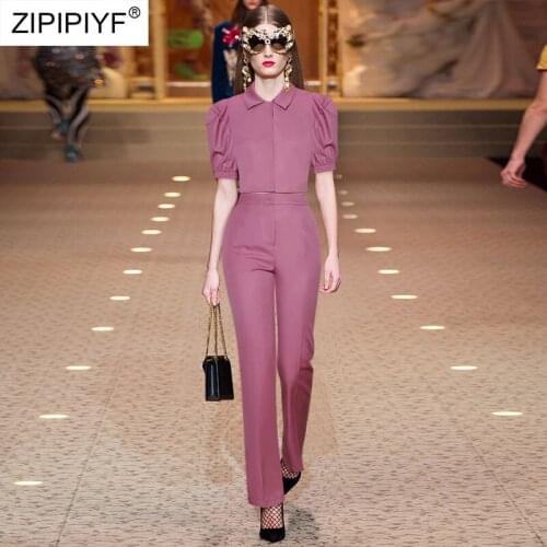2021 Summer Runway Fashion Turn Down Neck Short Puff Sleeve Cropped Top High Waist Solid Color Long Pant Office Lady Suits Z361