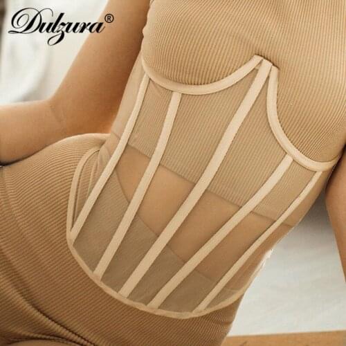 Dulzura Mesh Patchwork Women Corset Top Bustier Crop Lace Up Bandage Bodycon Sexy Streetwear Party Club Festival Elegant 2020