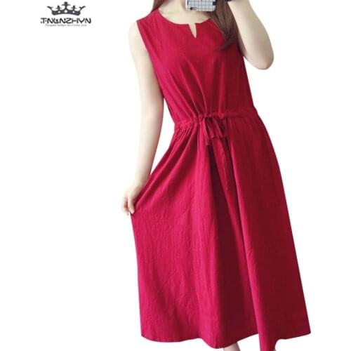 Tnlnzhyn 2019 New Summer Women Cotton linen Dresses O-neck Solid Sleeveless linen Vest Dress Loose Casual long Dresses Y1114