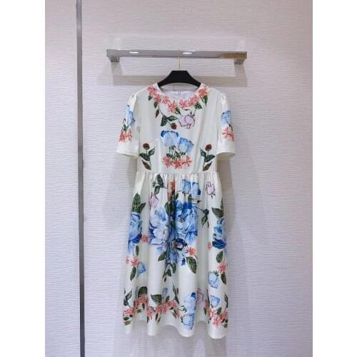 New 2021 Women Fashion Runway Vintage Midi Dress Short Sleeve Floral Print Elegant Ladies Casual A-Line Dresses Vestidos