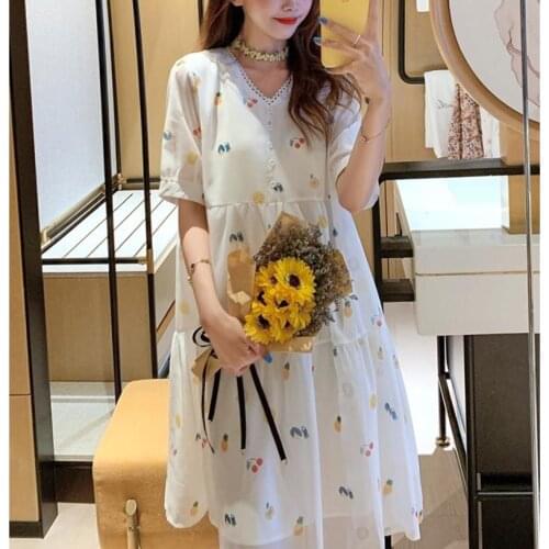 Large Size Women Summer Chiffon Print Robe Femme Dresses Loose Lace V-neck Vestido Midi Casual Women Clothes White