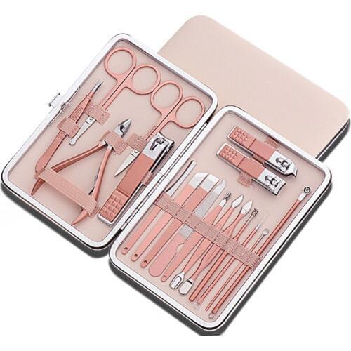 18Pcs/Set Rose Gold Stainless Nail Art Tools Kits Steel Nail Clipper Cutter Trimmer Ear Pick Grooming Kit Manicure Set Pedicure