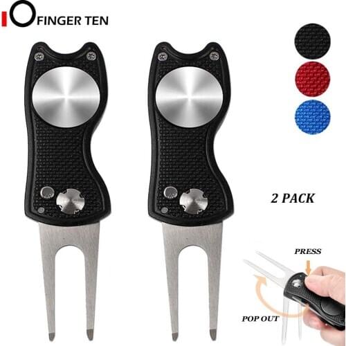 2 Pc Foldable Golf Divot Repair Tools with Magnetic Ball Marker Pop-up Button Stainless Steel Switchblade