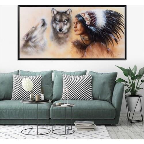 Abstract Native Indian and Wolf Portrait Canvas Painting Poster and Print Pop Art Wall Picture for Living Room