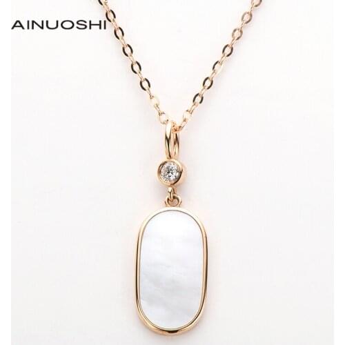 AINUOSHI 18K Rose Gold 0.037ct Real Diamond Geometric Mother-Of-Pearl for Hip-hop Female Pendant Necklace Jewelry Daily Wear 18