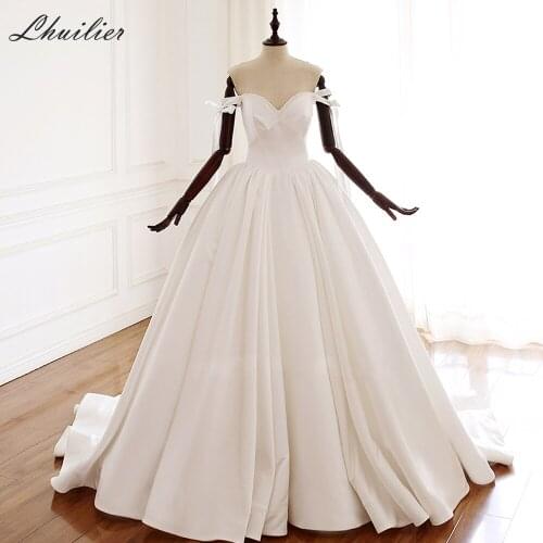 Lhuilier Off the Shoulder Satin A-line Wedding Dresses 2020 Elegant Pearls Beaded Chapel Train Corset Back Bridal Dress