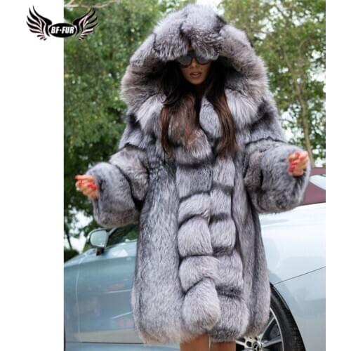 BFFUR 2020 Women Fashion Long Real Silver Fox Fur Coat With Hood High Quality Natural Fox Fur Jacket Genuine Thick Warm Overcoat