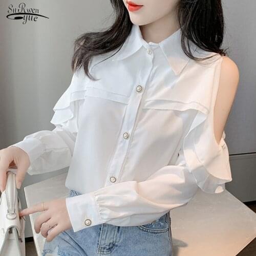 Blusas 2020 Autumn Off-Shoulder Chiffon Shirt White Blouse Women Temperament Korean Fashion Loose Reffles Turn-down Collar 10844