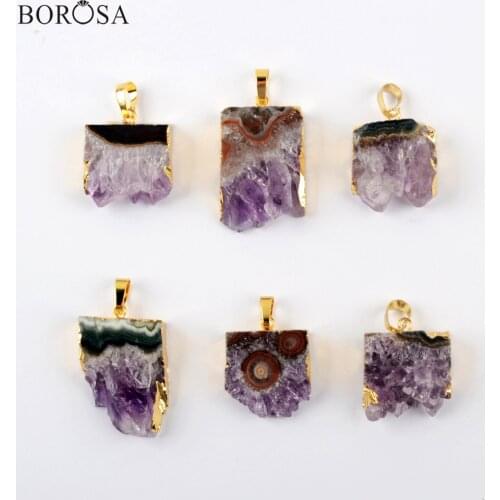 BOROSA 5Pcs Freeform Raw Purple Crystal Quartz Charms for Necklace Gold Natural Amethysts Slice Pendants Jewelry for Women G1953