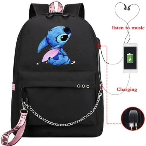Disney Kawaii Stitch Bag Zipper USB Charging Mochila Capacity Backpack Women Kpop School Bags for Teenage Girls Students