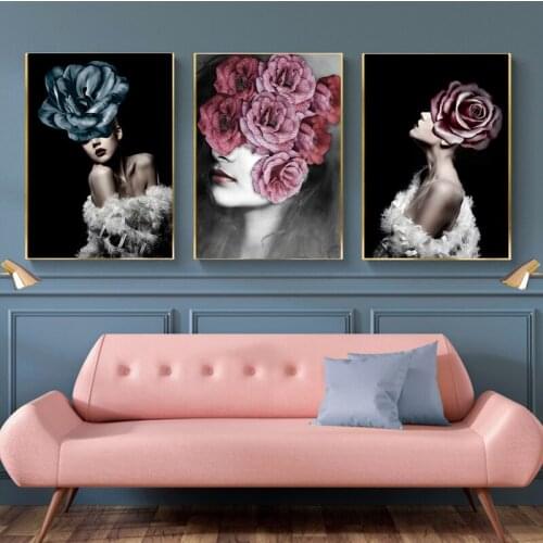 Red Blue Rose Flower Woman Canvas Print Poster Nordic Abstract Art Decorative Paintings Figure Wall Pictures for Bedroom Decor