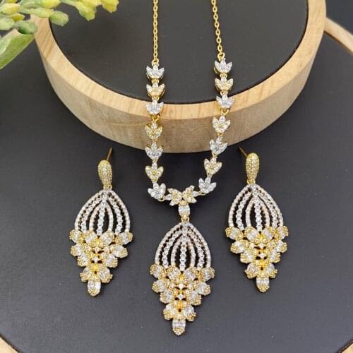 Lanyika Fashion Jewelry Set Graceful Petal Zirconia Micro Pave Necklace with Earrings for Women Wedding Banquet Best Gifts