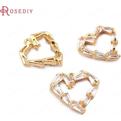 33702-G)10PCS 11x12MM 24K Champagne Gold Color Brass with Zircon Heart Charms Pendants Jewelry Making Supplies Diy Accessories