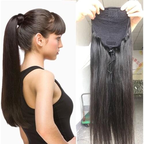 Toysww Ponytail Human Hair Clip in Extensions Machine Remy Straight Brazilian Drawstring Ponytail With Clips in For Women 100g