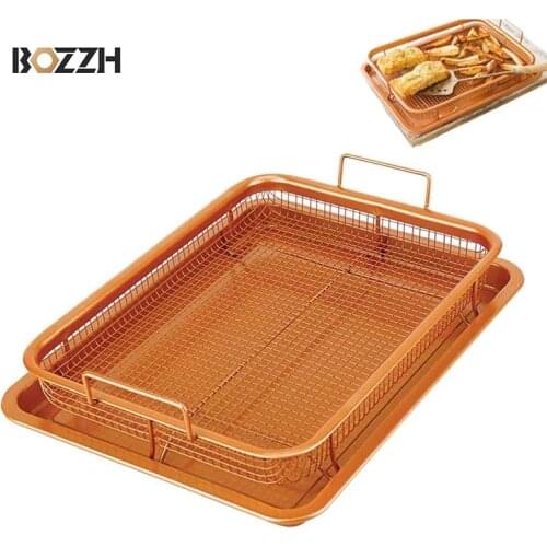 BOZZH Microwave Oven Copper Baking Tray BarBecue Tray Fry Pan Non-stick Chips Basket Baking Dish Grill Mesh Kitchen Tool