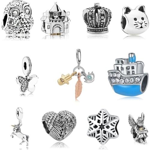 Cute Animal Cat Owl Seal Snowflake Love Heart Crown Silver Color Butterfly Evil Eyes Fit Original Charms for Women Jewelry