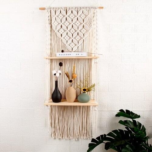 Cilected Macrame Wall Hanging Shelf Tapestry With Floating Wood Shelf Handmade Macrame Shelf For Hanging Plants Wall Décor
