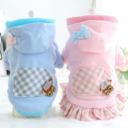 Autumn Clothes for Dogs Lamb Knitted Skirt Coat Plaid Dog Hoodies Pink Blue Puppy Teddy Fleece Linning
