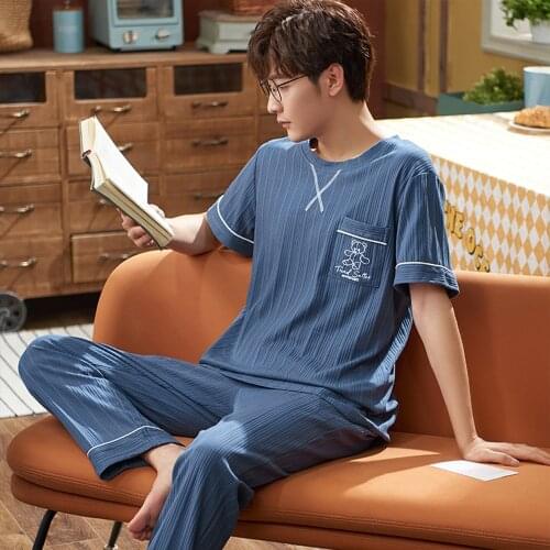 Spring Summer Cotton Short Sleeve Mens Pajamas Set Casual Striped Pajama For Men Sleepwear Sets Suit Print Homewear Plus Size