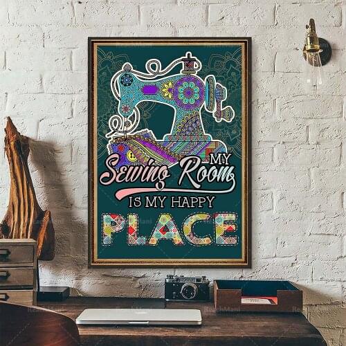 Sewing poster, my sewing room is my happy place poster, retro style sewing room decoration poster