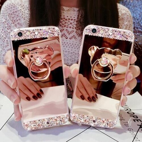Luxury Bling Rhinestone Mirror Silica Gel Set Auger Bear Rose Gold Ring Stent For iphone 11 12 X XS MAX XR 5S 6 6S 7plus 8 8PLUS