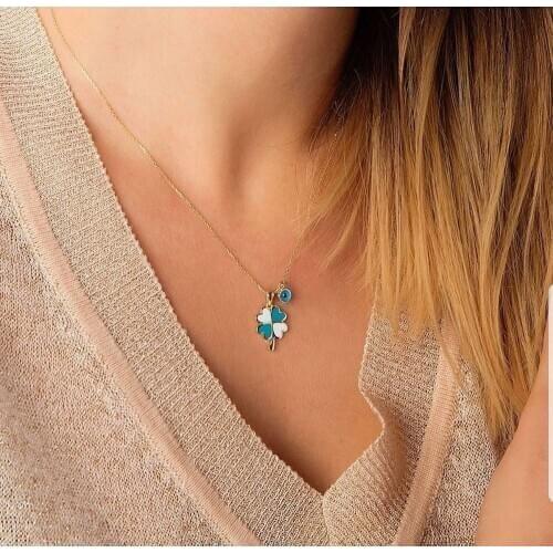 Symbol Gold Clover 14K Gold Heart Necklace With Enamel Magnificent Delicate Gorgeous Pendant Dainty Comfortable Love Gift