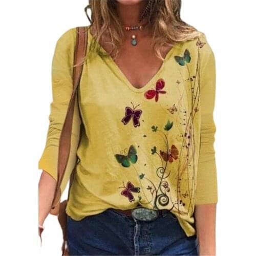 Butterfly Print Long Sleeved Sexy V Neck Womens T Shirt Spring Autumn All Match Street Hipster Loose Casual Ladies Tees 3XL
