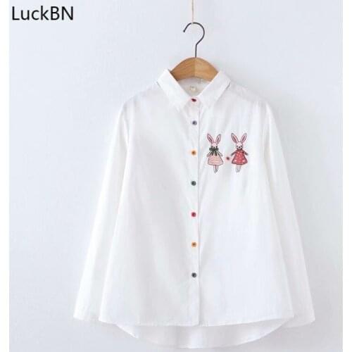 Women Blouses Shirts Turn Down Collar Long Sleeve Pink White Top Autumn Female Loose Cute Rabbit Embroidered Cotton Shirt Blusas