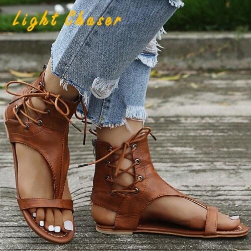 Summer 2021 Plus Size Sandals Womens Lace-up One-line Fish Mouth Casual Shoes Flat Beach Shoes Roman Thick-soled Andals Women