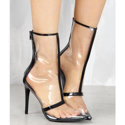 2018 Hot Sale Clear PVC Women Ankle Boots Sexy Peep Toe High Heel Boots Leather Strap Patchwork Ladies Fashion Stiletto Boots