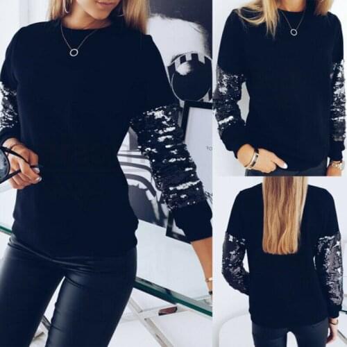 Women Ladies Autumn Winter Sequins O Neck Tops Loose Long Sleeve T Shirt