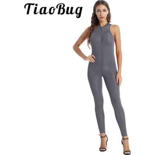 Women Solid Color Stretchy Bodycon Romper Double Zipper Front Sleeveless Leotard One-piece Tight Bodysuit Sexy Teddy Catsuit