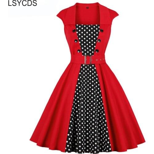 LSYCDS Red Double Breasted Polka Dot 1950s Retro Dress Women Belted Square Collar Cap Sleeve Pockets Rockabilly Vintage Dress
