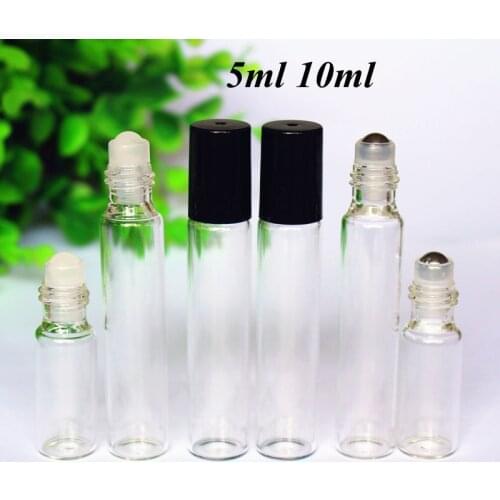 50pcs/lot 5ml 10m Clear Glass Roll on Bottle with Glass/Metal Ball Refillable Roller Essential Oil Vials Perfume Oil Bottle