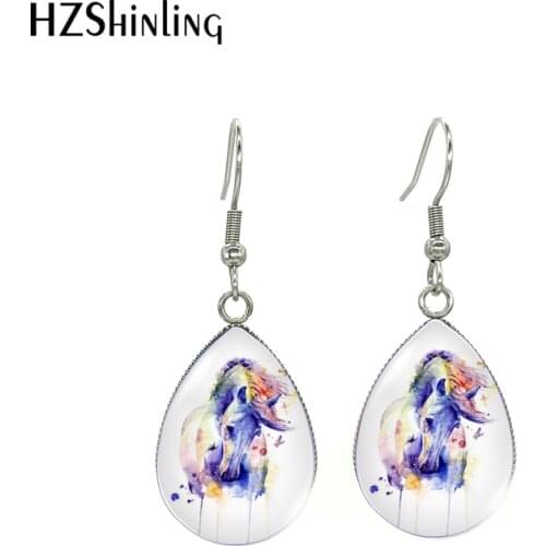 Watercolor Horse Tear Drop Hook Earrings French Dangle Earrings Glass Cabochon Ear Jewelry