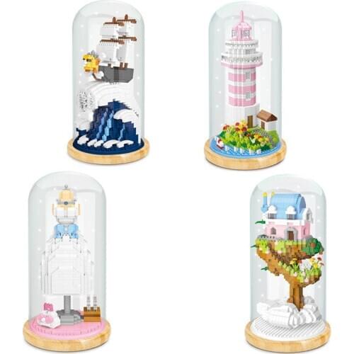 Exhibition booth brick micro diamond block Wedding dress one piece Thousand Sunny pirate ship Treehouse nanobrick toy with light
