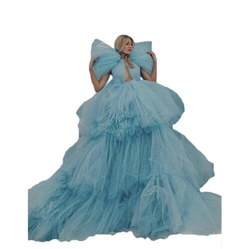 Summer Sky Blue Maternity Robe For Photo Shoot Custom Made Lace Tiered Ruffled Tulle Maternity Dresses Maternity Gowns