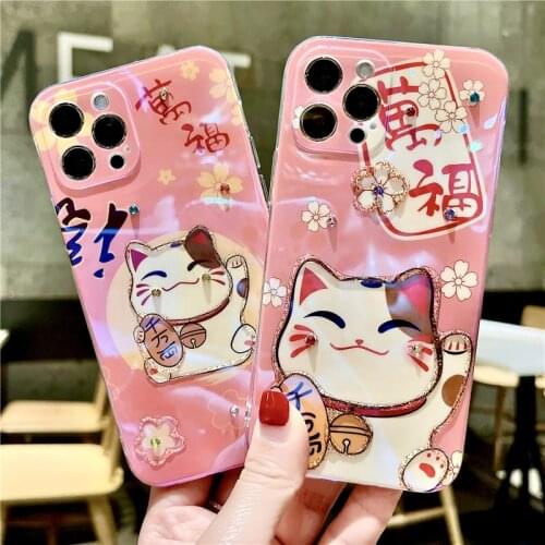 Cartoon Pink Lucky Cat Rhinestone Cat Back Cover for IPhone 11 12 Pro Max XS X XR 7 8 Plus SE Mini Soft TPU Shockproof Cover