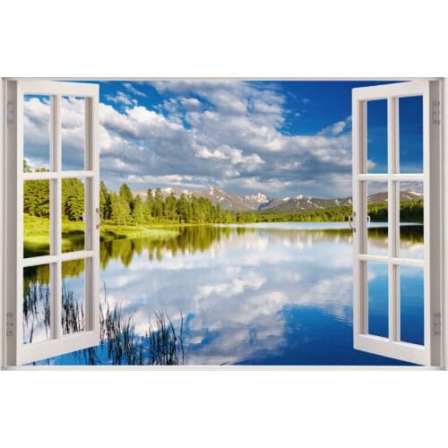 3D Hot Lake Cloudy Reflection False Faux Window Frame Window Mural Vinyl Bedroom Wall Decals Stickers Wall Stickers