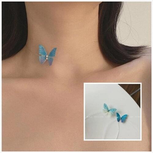 Invisible Chain Blue Butterfly Necklace Choker for Women Girls Vivid Butterfly Fashion Sweet Design Neck Accessory Ins