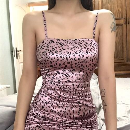2021 new jennie wind cute pink leopard-print suspender dress female high waist slim drape dress Sleeveless Bodycon elegant girl