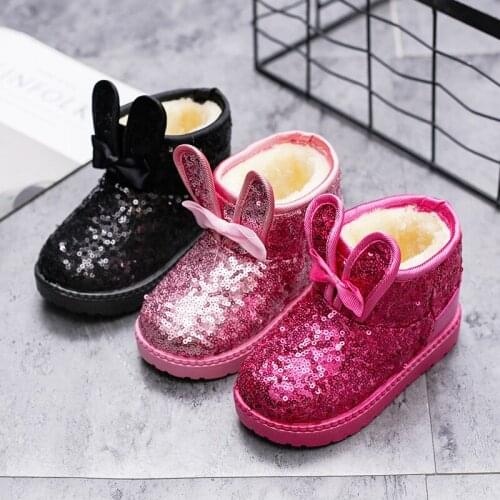 2021 New Winter Children Snow Boots Sequined Rabbit Ears Cute Girls Boots Baby Snow Boots Waterproof Warm Hot Fashion Shoes chic
