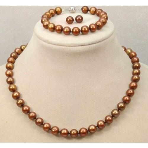 New Fashion 7-8mm Natural Coffee Freshwater Pearl Necklace Bracelet Earrings Set AAA